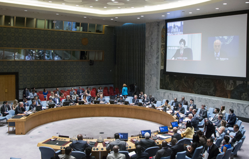 View of the Security Council meeting on the global response to the Ebola outbreak in West Africa. UN Photo/R. Bajornas